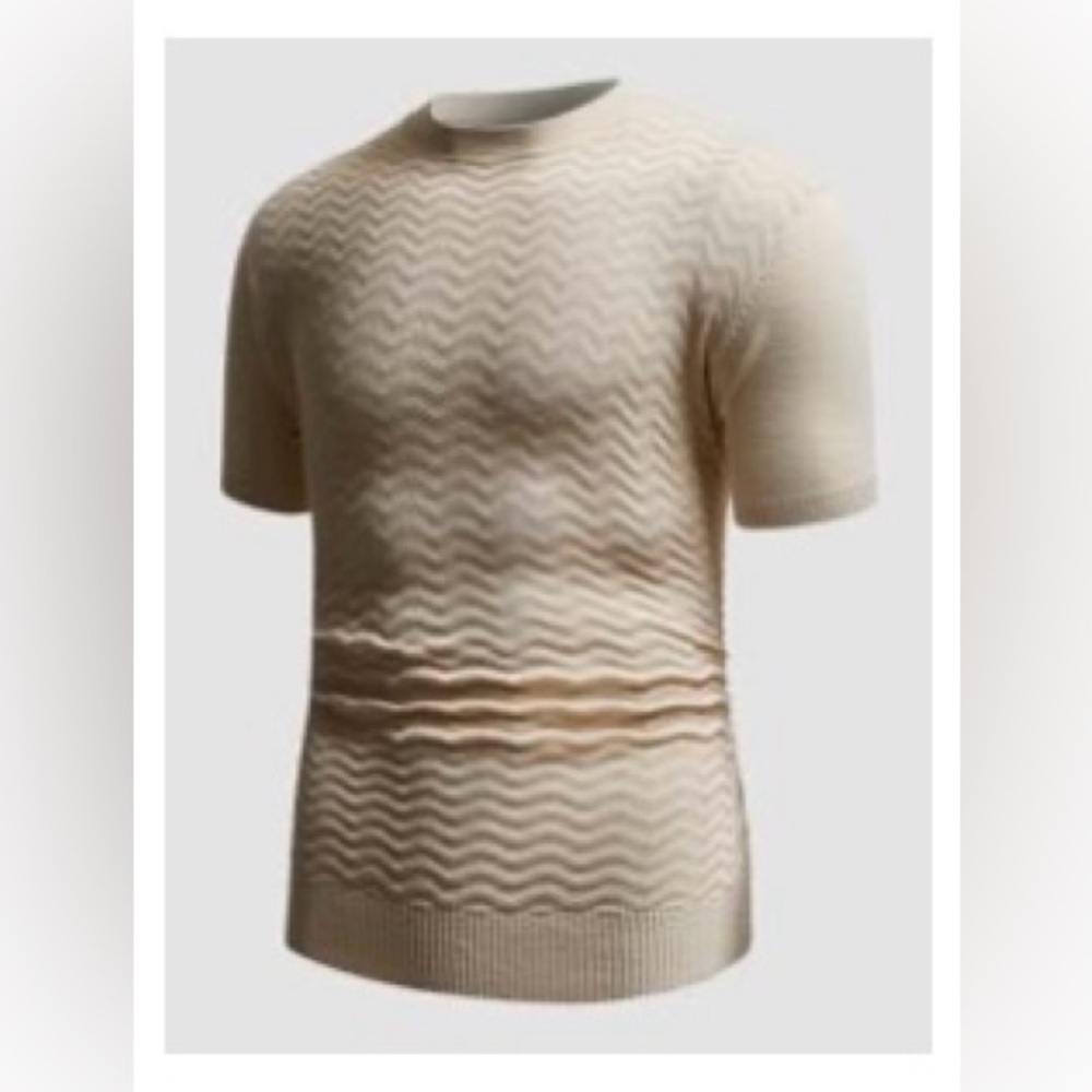 Men Chevron Knit Beige Short Sleeve Sweater L